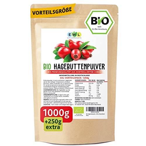 Bio Hagebuttenpulver Bio 1000g + 250g extra XXL Vorteilspack...